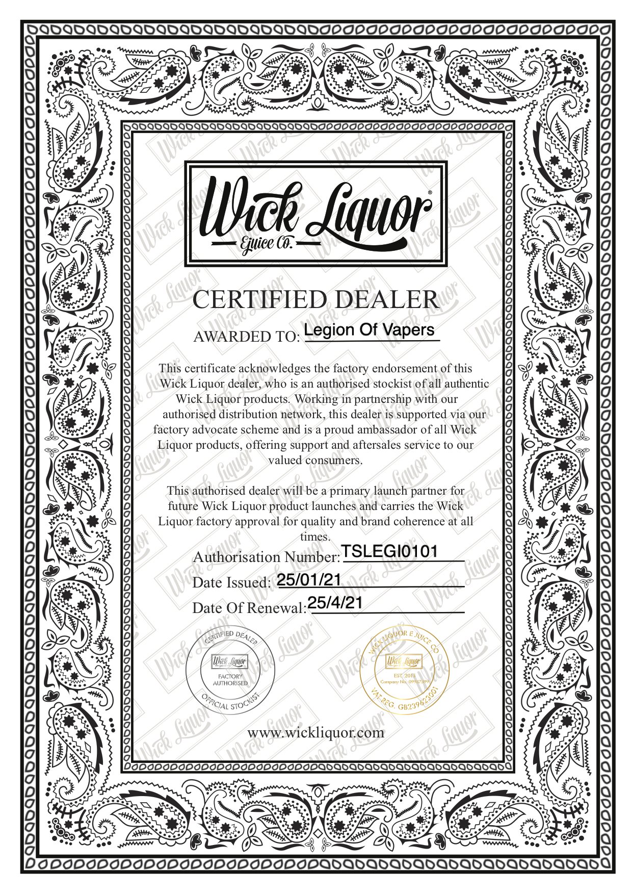 Certificate from Wick Liquor acknowledging and authorising Legion of Vapers as a certified dealer.