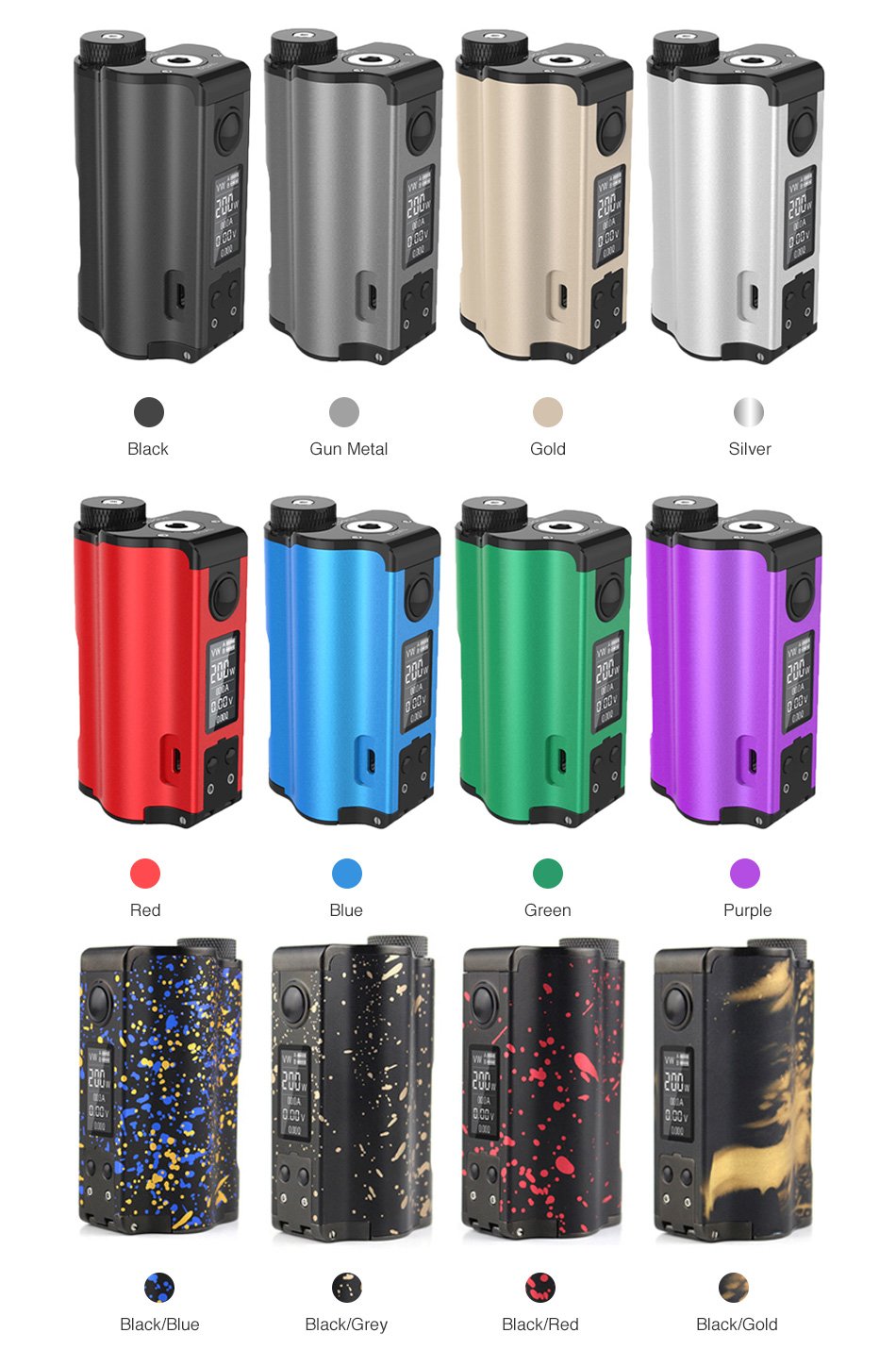 Twelve differently coloured Dovpo Topside Dual Squonk Mods