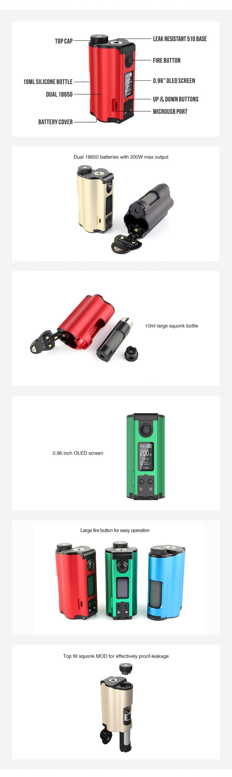 Series of labelled diagrams and Deconstructions of different features and parts of the Dovpo Topside Dual including the OLED screen, fire button, battery, squonk bottle and leakproof technology. 